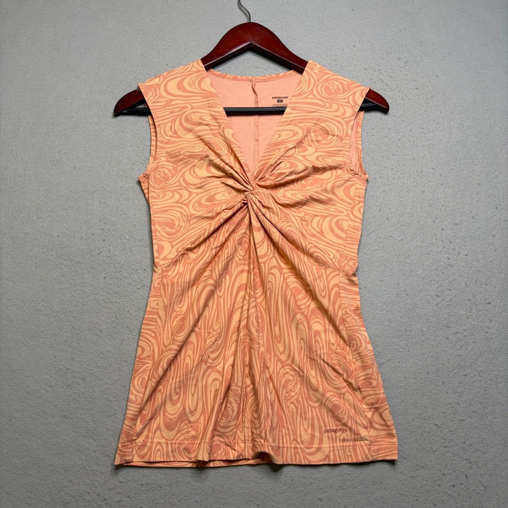 Patagonia Tank Top Womens Small Orange Swirl Twist Front V-Neck Sleeveless